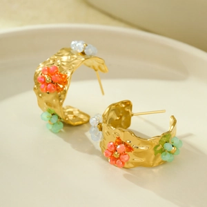 18K gold plated C-shape stainless steel earrings with colorful zircon flower beads
