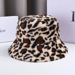 Winter faux fur leopard print bucket hat for women with plush warm lining for streetwear