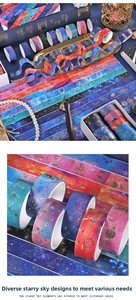 Detailed macro view of starry sky themed washi tape with premium gold foil stamping details