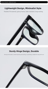 Detail view of TR90 glasses frame showing durable metal hinge and 50-18-140 size specs