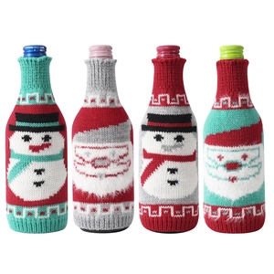 Knitted Christmas wine bottle covers with Santa and snowman patterns in four colors