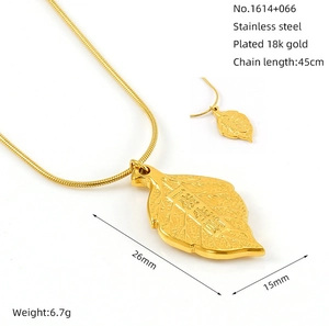 Detailed dimensions of minimalist leaf pendant necklace with 18k gold plating on steel