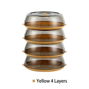 Stackable 4-layer thermal food cover with yellow base and translucent grey dust-proof lids