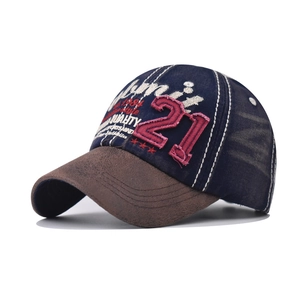 Vintage washed baseball cap with number 21 embroidery in navy blue and brown