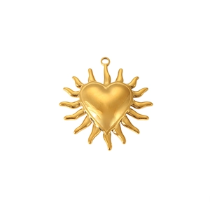 Gold stainless steel heart locket necklace pendant with sunburst engraving for women