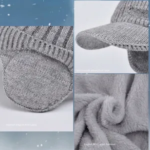 Grey knit winter trapper hat with ear flaps and visor, warm thick fleece lining for men