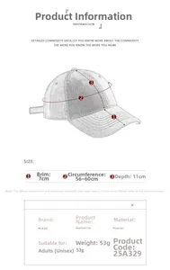 Detailed size chart for quick-dry baseball cap featuring visor length and head circumference