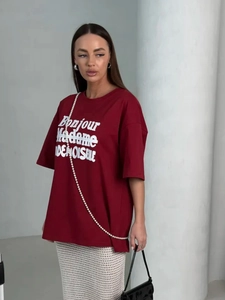 Oversized burgundy cotton T-shirt featuring white Bonjour Madame French graphic text
