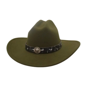 Close-up of military green wool fedora with lion emblem and Greek pattern ribbon