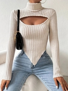 Women Ribbed Knit Top Long Sleeve Turtleneck Cutout Chest Irregular Hem Sexy Slim Fit Solid Color Pullover For Ladies