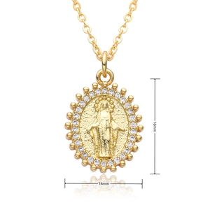 Detailed size view of gold plated Virgin Mary pendant with cubic zirconia, 16x14mm
