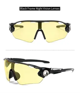 Detail of black frame sports sunglasses with yellow night vision lenses for cycling