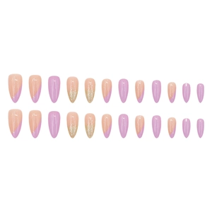 Almond-shaped press-on nails with purple French gradient and gold glitter sparkles