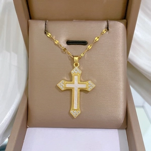 Golden Cross Pendant Necklace Titanium Steel Chain Copper Micro Inlaid White Shell Rhinestone Elegant Clavicle Jewelry Women