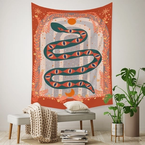 Bohemian tapestry featuring mystical green snake with sun and moon for room wall decor