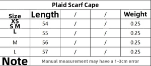 Tableau des tailles pour la cape écharpe à carreaux avec mesures de longueur en cm