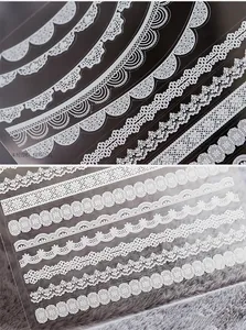 Detailed view of KX018 white lace nail art stickers with delicate floral mesh patterns