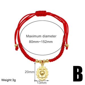 Detailed dimensions of red braided rope bracelet with gold heart and anchor charms
