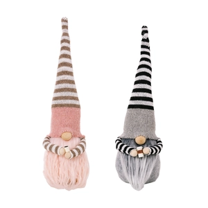 Two festive Christmas striped gnome plush dolls with pink and grey knitted hats