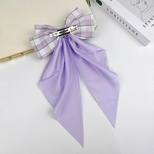 Elegant purple plaid bow hair clip with long silk ribbons and silver handmade metal grip