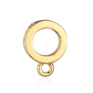 Macro detail of a gold-plated round pendant connector with micro-set zircon and polished finish