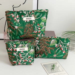 Ensemble de Trousses à Maquillage avec Broderie Florale Fraîche pour Femmes Trousse de Toilette Portable Organisateur de Voyage Doublure en Toile Ensemble de 3 Pièces