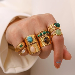 Retro 18k gold plated stainless steel rings set with colorful gemstones for women