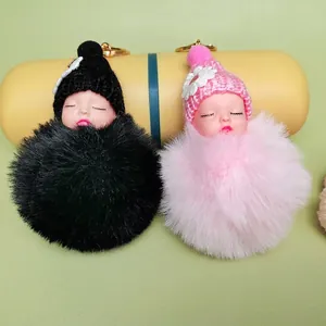 Sleeping Baby Doll Keychain Faux Fur Pom Pom Knit Hat Cute Plush Bag Pendant Girls Women Handbag Ornament Decoration