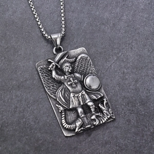 Vintage Archangel Michael dragon slayer relief pendant necklace in aged steel finish