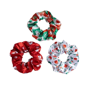 Set of 3 Christmas satin hair scrunchies with snowflakes, snowman and tree patterns