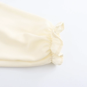 French square neck mini dress with elegant ruffled elastic cuffs in cream white color