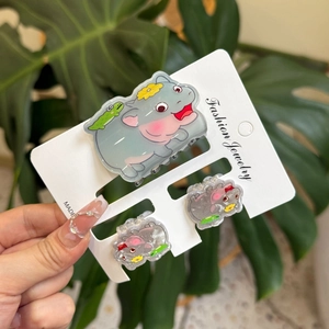 Cute cartoon hippo acrylic hair clip set including hair claw and side clips for girls
