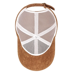 Brown corduroy baseball cap with breathable mesh lining and adjustable metal buckle strap