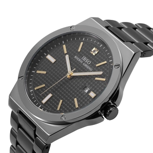 Men's business quartz watch with black octagonal case and textured gold-accented dial