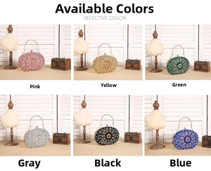 Detail of luxury rhinestone sunflower evening clutch bags in six vibrant colors
