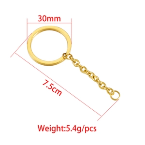 Golden 30mm flat stainless steel keychain ring with 7.5cm chain for DIY jewelry making