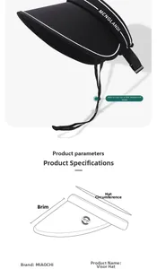 UPF 50+ black sun visor hat detail with adjustable chin strap and brim size diagram