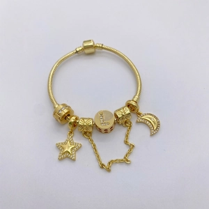 Detail of gold snake chain bracelet featuring star and moon pendants with zircon pavé