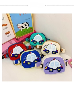 Detailed flat lay of children's cartoon car chest bags in five vibrant colors