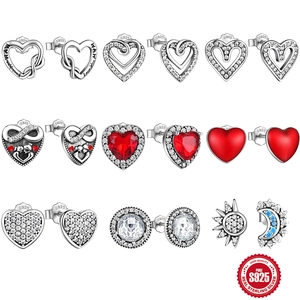 925 Sterling Silver Heart Stud Earrings With Zirconia Infinity Love You Mom Moon Sun Retro Fashion Jewelry For Women
