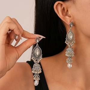 Vintage Ethnic Jhumka Earrings Copper Alloy Rhinestone Crystal Long Tassel Wind Chime Style With Steel Earring Post