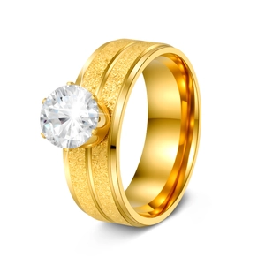 Polished gold stainless steel ring with frosted center and six-prong round zircon stone