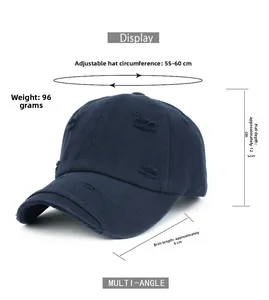 Detailed view of navy blue cotton baseball cap with distressed holes and adjustable buckle