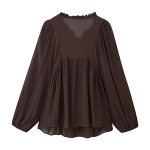 Chemisier plissé marron foncé pour femme avec col à volants et dos en V élégant