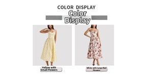 Detail view of two floral chiffon dresses in yellow small print and white red floral patterns