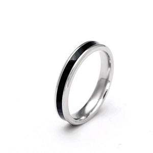 Minimalist silver titanium steel ring featuring a sleek black enamel inlay band