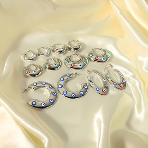 Silver stainless steel evil eye hoop earrings set with colorful enamel detail