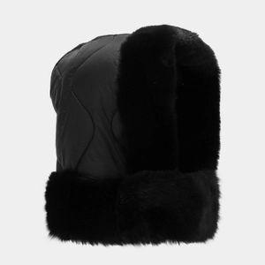 Detail of black quilted earflap hat showing high-quality faux fur lining and texture