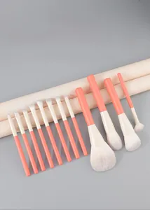 Detailed set of 12 coral orange makeup brushes with soft synthetic bristles for full makeup