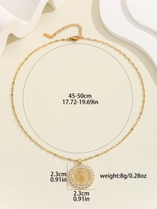 Detail showing dimensions of gold lion head medallion necklace with zircon borders